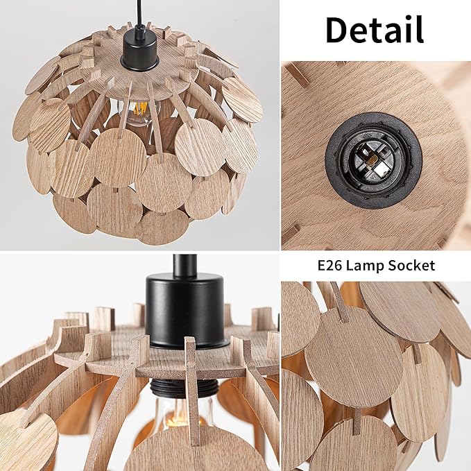 Vintage Wood Pendant Light Fixtures, Modern Farmhouse Walnut Dining Room Chandelier, Mid-Century Ceiling Mount Hanging Light Fixture for Kitchen, Bedroom, Living Room, Foyer, Art Decor, Black