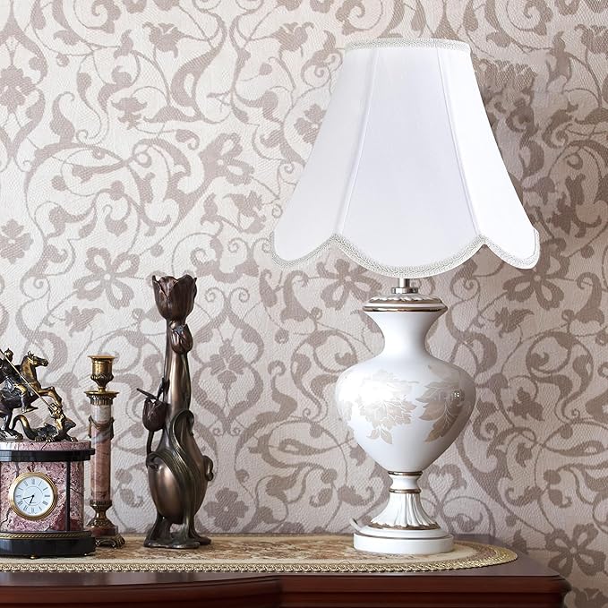 GO&SO White Lamp Shade Medium Scalloped Lamp Shades,6"Top x 13"Bottom x 10.6"Vertical Height,Replacement Lampshades for Table Lamps,Handmade Bell Lamp Shades(Spider),Petal Edge Braid,Easy Assembly