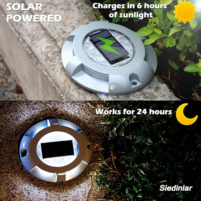 SIEDiNLAR Solar Deck Lights Driveway Dock LED Light Solar Powered Outdoor Waterproof Road Markers for Step Sidewalk Stair Garden Ground Pathway Yard 4 Pack (White)