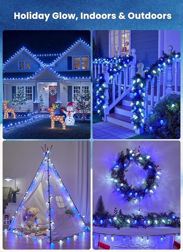 C9 LED Christmas Lights Outdoor, 81 Feet 100 LED String Lights with Timer & 8 Light Mode, Waterproof Commercial Grade Christmas Tree Lights for Outside Indoor Roofline Patio Decor, Blue & Pure White