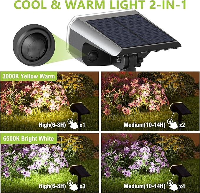 DAMINY Solar Spotlights Outdoor Waterproof IP65,2 CCT(Warm White & Cool White),4 Lighting Modes Solar spot Lights for Yard,Garden,Pathway,Landscape,Auto On/Off-4 Pack