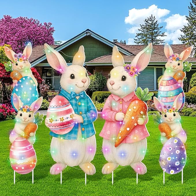 Bencailor 4 Pcs Easter Outdoor Decorations Bunny Yard Stake Signs with LED Light Large Rabbit Party Supplies Lawn Decorations for Spring Easter Outdoor Lawn Garden Patio Walkway Wedding Stand Decor