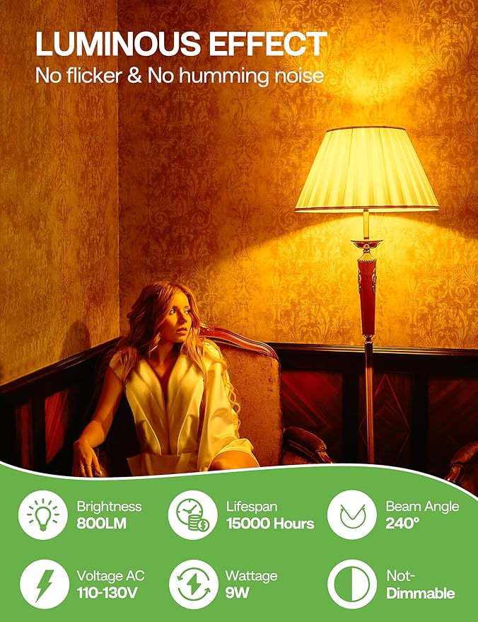 Amber Light Bulbs for Sleep: 9W Amber Warm 1800K, Blue Blocking Dim Bulbs 60W Equivalent, E26 Bulb for Mood Soothing, Bedroom and Baby Nursery Light, 2 Pack