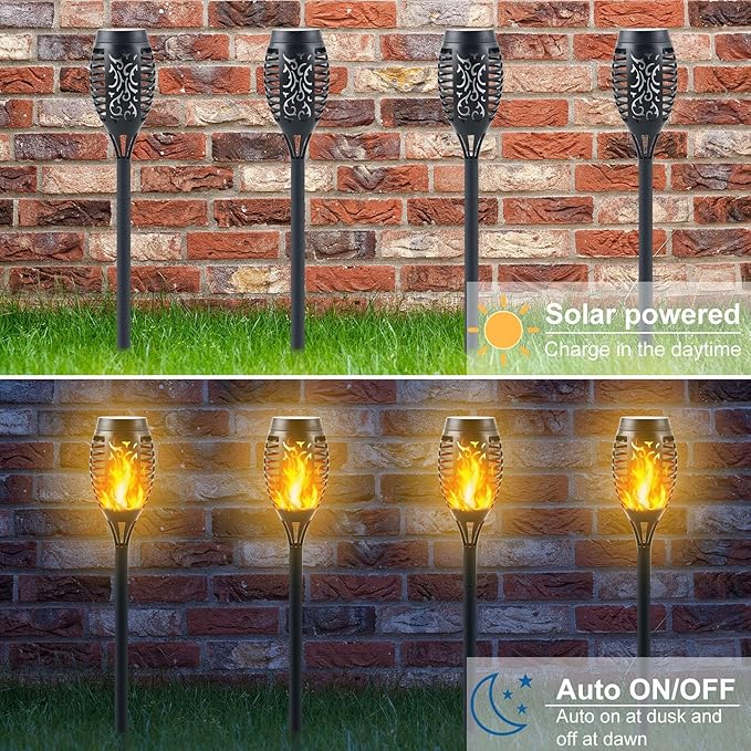 12 Pack Solar Torch Lights Outdoor Flickering Flame - Upgraded 12LED Mini Fire Effect Solar-Powered Tiki Torches, IP65 Waterproof Lighting, Auto On/Off, Perfect for Garden Patio Pathway Decor