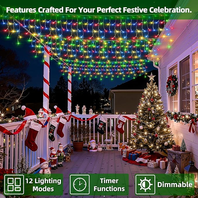 504 LED Christmas Lights with 112 Drops, 50ft 12 Modes Multicolor Fairy String Lights with Timer Dimmable, Waterproof Twinkle Lights for Indoor Outdoor Holiday Wedding Party Eaves Yard Christmas Decor