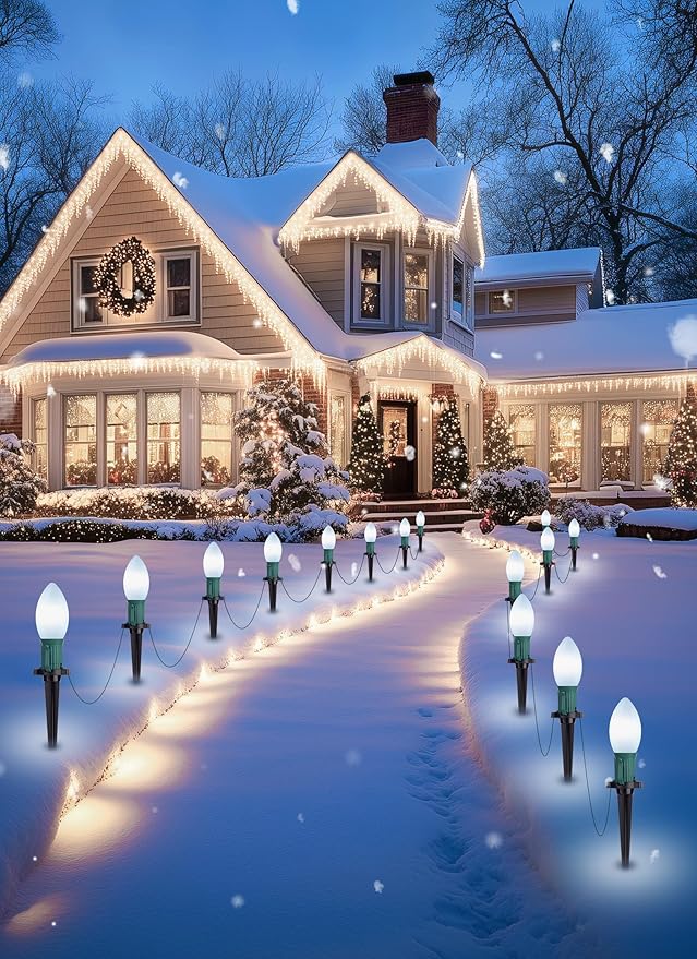 Brightown Frosted C9 LED Christmas Lights Outdoor, 2 Packs Total 51.4Ft Pathway Lights with 40 LED Bulbs and Stakes, Christmas Decorations Outside Driveway Walkway Sidewalk, Pure White