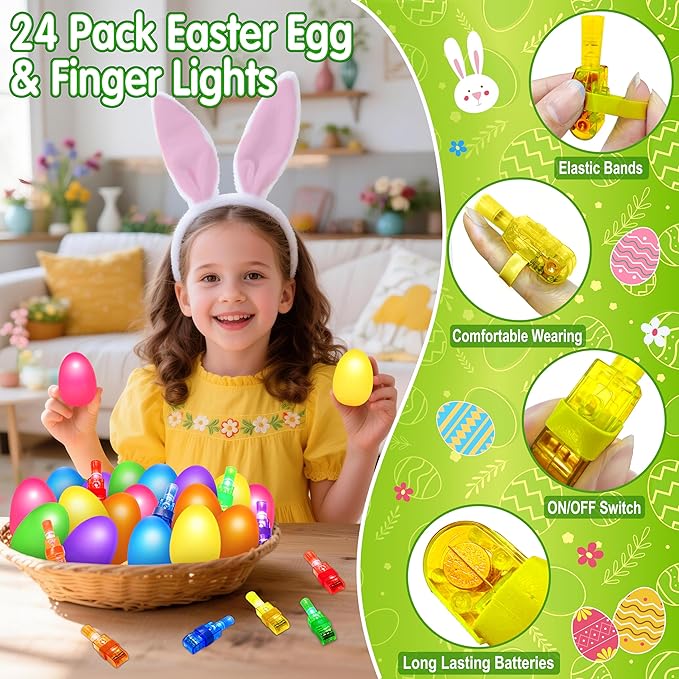 24 Pack Easter Party Favors for Kids, Easter Finger Lights Easter Basket Stuffers for Kid, Easter Egg Hunt Filling Treats Easter Basket Stuffers for Toddler Teens Boys Girls