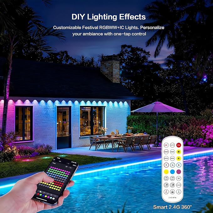 Permanent Outdoor Lights 150ft, RGBWC+IC Smart LED Strip with 50+ Scene Modes, IP68 Waterproof, App & Remote Control for Christmas, Holiday, Roof, and Pool Party Decor (50FT-30LEDS)