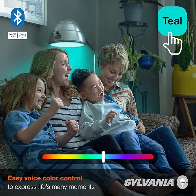 Sylvania Smart+ Bluetooth Mesh 60W Equivalent A19 LED Light Bulb, Full Color and Dimmable White, Compatible with Alexa, 2 Pack