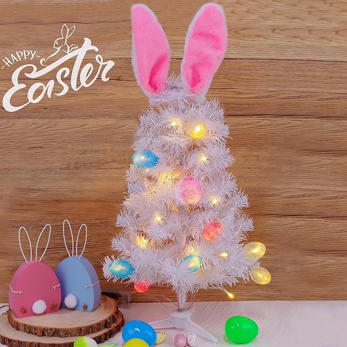 Dynaming Easter Table Decorations, 23 Inch Lighted Easter Bunny White Tree, Pre-lit Artificial Tabletop Tree with Bunny Ears and Eggs, Battery Operated Light Up for Indoor Spring Home Bedroom Decor