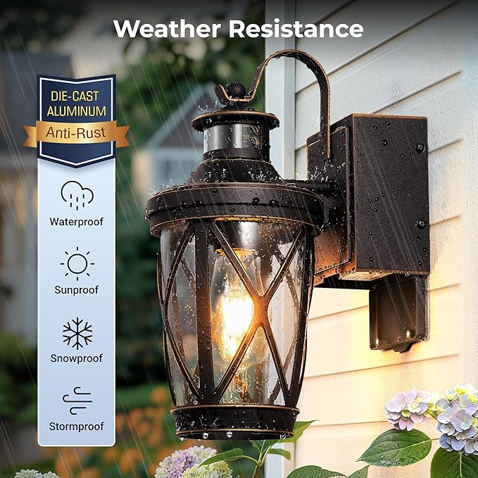 Motion Sensor Porch Light with GFCI Outlet, Oil Rubbed Bronze Outdoor Light with Outlet, Exterior Wall Lights Wall Mount, Anti-Rust Front Porch Light Fixtures, Waterproof Garage Lantern Lights