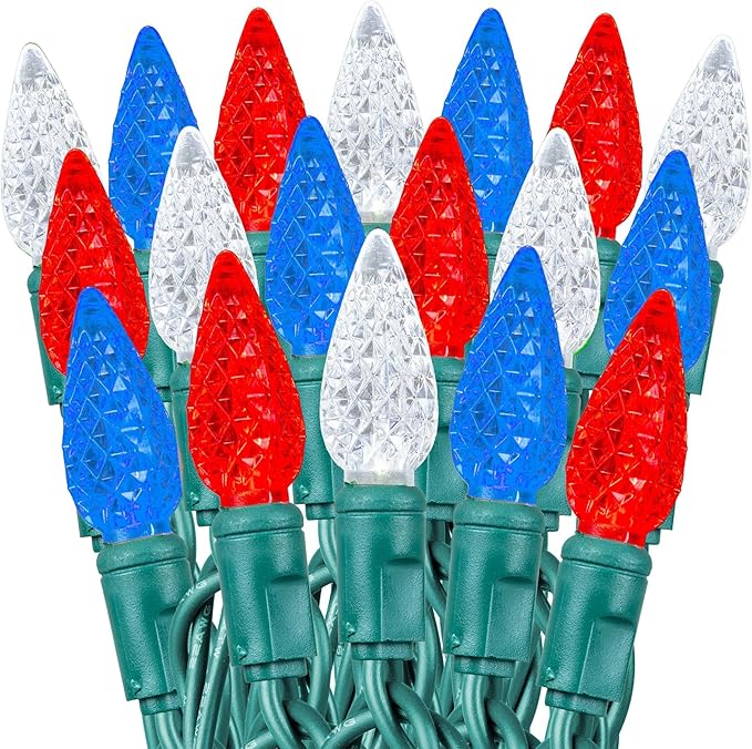 70 Light 24Ft July 4th USA Lights Commercial String Lights C6 LED Strawberry Faceted Bulb – Red/White/Blue, Green Wire, Indoor/Outdoor, Full Wave No Flicker, Connect 43 Sets
