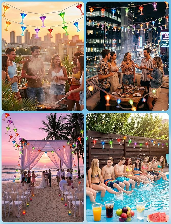 Multicolor Cocktail String Lights, 8.5Ft Cocktail Plug in Outdoor Party Lights with 10 LED Multicolor Cocktail Lights, Summer Patio Decorations String Lights for Bedroom Home Decks Party Lighting