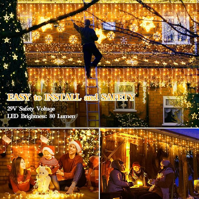 98FT 960 LED Christmas Lights, Waterproof 8 Modes Ice Lights for Outside with Memory and Timer Hanging Fairy Lights Plug-in Curtain String Lights for Holiday Party Wedding Home (Warm White)