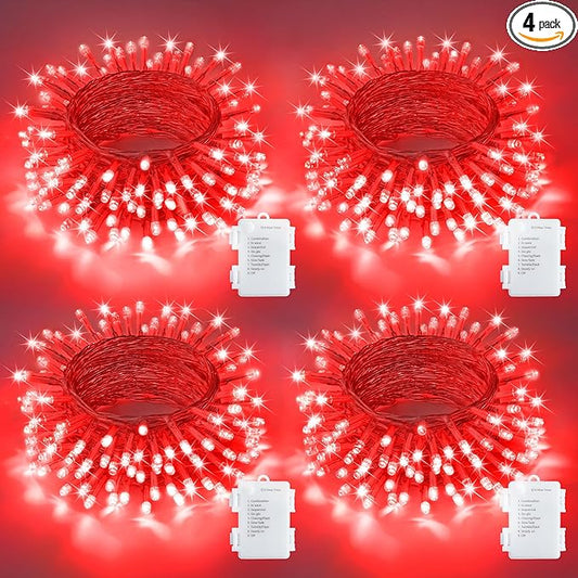 JMEXSUSS 4 Pack 50 LED Red Christmas Lights Battery Operated, Each 16.5ft Red String Lights with Timer, 8 Modes Valentine’s Lights Outdoor Waterproof for Wedding Anniversary Valentine’s Day Decor