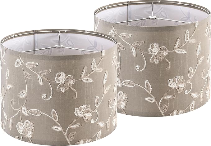 Creme Fabric Drum Lamp Shade with Embroidered Leaf Trim 13" Top x 13" Bottom x 10" High (Spider) Medium Lamp Shade for Table & Bedside Lamp Replacement Lampshades in Hand Crafted
