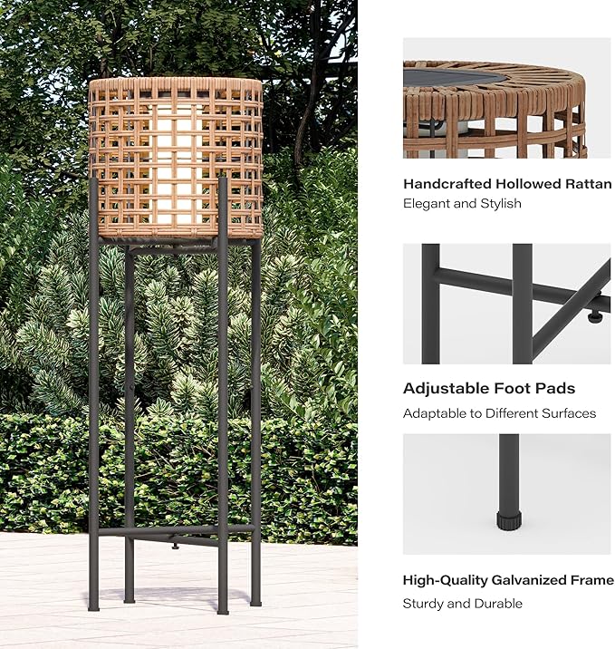 LAUSAINT HOME Solar Powered Outdoor Floor Lamp with Auto On/Off LED Light, Waterproof Wicker Patio Floor Lights, Boho Rattan Floor Lantern (2 Floor Lamps)