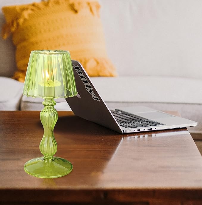 Desk Lamp Shaped Glass Candle Holder - Glass Hurricane Candleholder Crystal Decorative Candle Stand for Table Wedding Dinning Centerpieces Party Supplies Decor Grass Green