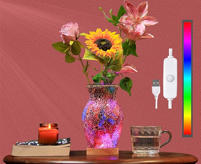 8-Inch Handcrafted Mosaic Cracked-Ice Vase Bedside Lamp with USB-Powered LED Wooden Base,Single-Switch Auto-Cycle RGB Mood Light, Ruby Red Vase USB Night Light for Party,Camping Decor