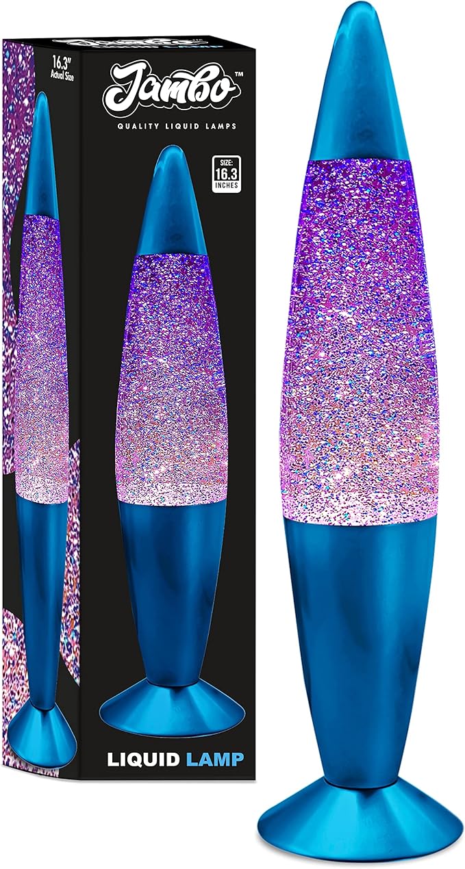 JAMBO 16" Beautiful Blue and Silver Glitter Lamp- Relaxing Mood Lighting, Night Light Nightlight, Home Decor Living Room Office Bedroom Lamp for Adults Teens Kids Glitter