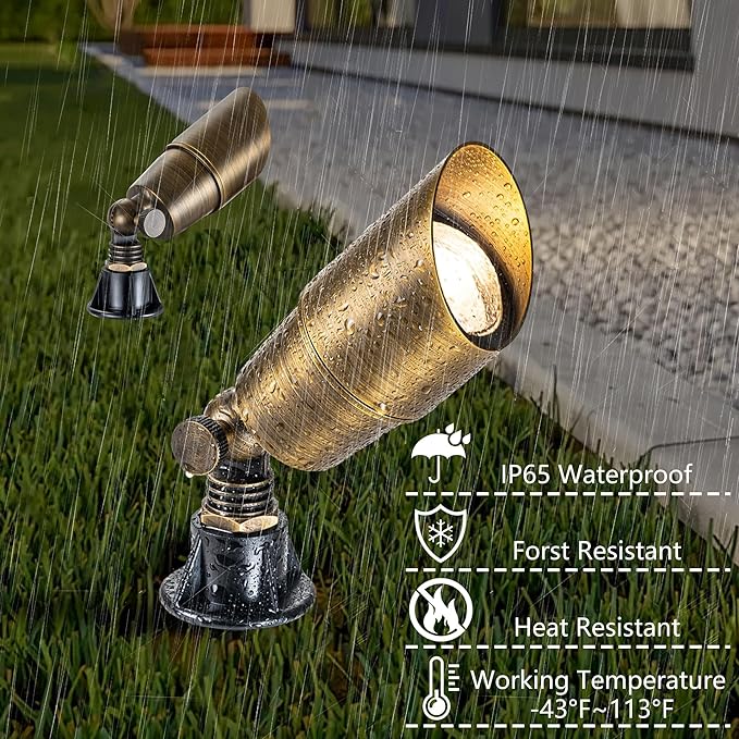 LumStory Brass Solid Landscape Light Low Voltage 12V Outdoor Brass Landscape Spotlights with 5W MR16 Bulb 3000K Warm White, IP65 Waterproof Up Light Landscape Lighting for Garden Yard Pathway