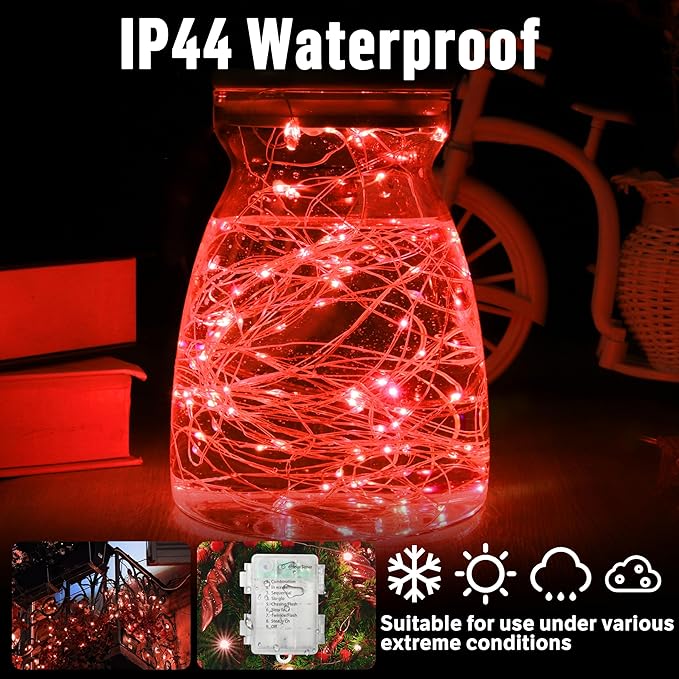 LAMPHOME 100 LED 33FT Red Fairy Lights Battery Operated with Remote, Mini Starry String Lights Multi Functions & Timer,Twinkle for Christmas Home Bedroom Wedding DIY Centerpiece Decor