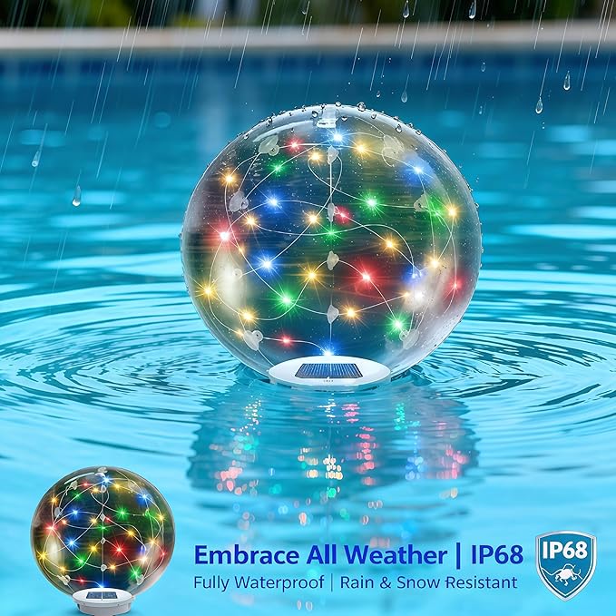 Floating Pool Lights Solar Powered - 14" Inflatable Waterproof Floating Pool Balls Light That Float for Party, Outdoor Pond/Patio Decorations (RGB, 2 Pack)