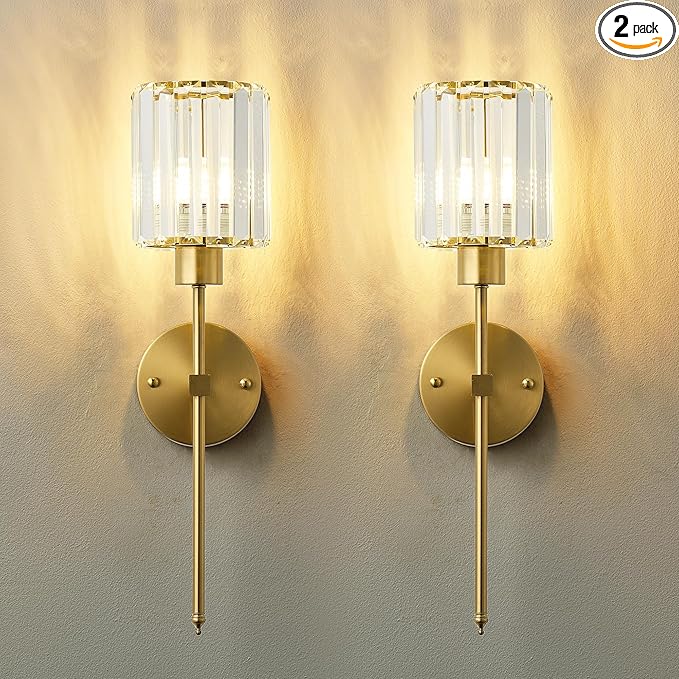 Hardwired Crystal Wall Sconces Set of Two - Dimmable Wall Light Fixtures 3000K, Warm White, for Hallway, Bathroom, Living Room, Bedroom, Brass, 20.1 Inch