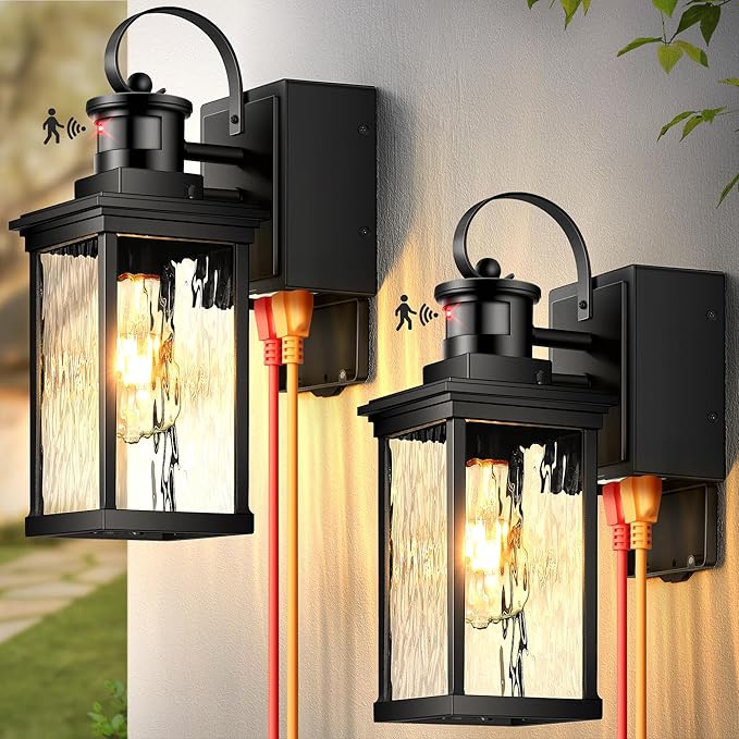 Black Outdoor Porch Light with GFCI Outlet, 2-Pack Modern Motion Sensor Exterior Garage Lighting Fixtures Wall Mount Lantern, Anti-Rust Waterproof Outdoor Sconce Lights for House, Coach, Patio