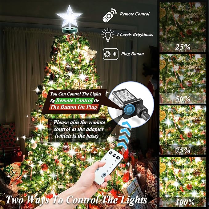 Aneeway Tree Lights with Star Toppers, 410 LED Lights with 8 Modes & Memory Function, 6.6FT x 16 String Lights, Remote Control & Timing for Christmas Ornaments - Cold White