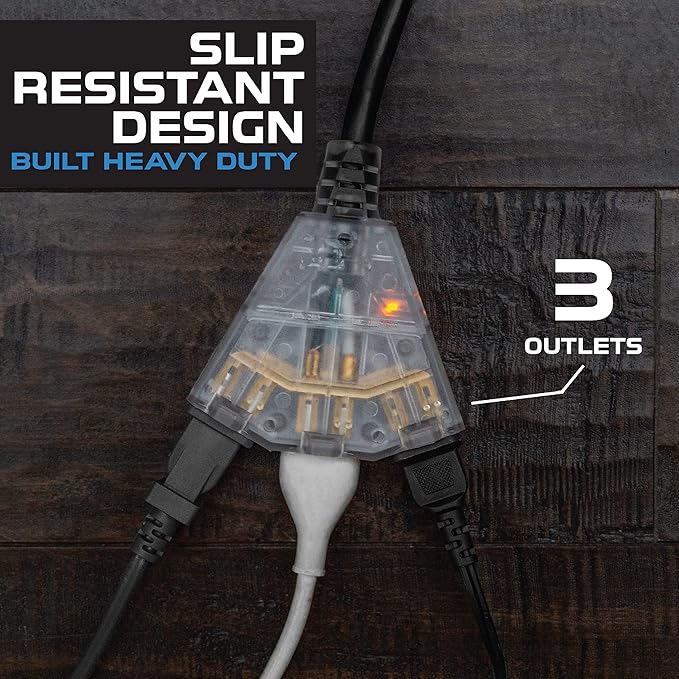 Iron Forge Cable 10 Gauge 10ft Lighted Outdoor Heavy Duty Extension Cord with 3 Outlets - 15 Amp 10/3 SJTW Black Extension Cord with Multiple Outlets