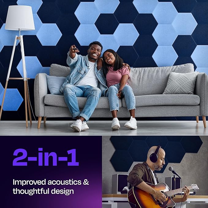Acoustic Panels 12-Pack Soundproof Wall Panels 14"X12.1"X0.4" Sound Panels High Density Sound Dampening Panels - [Denim Blue Hexagon]