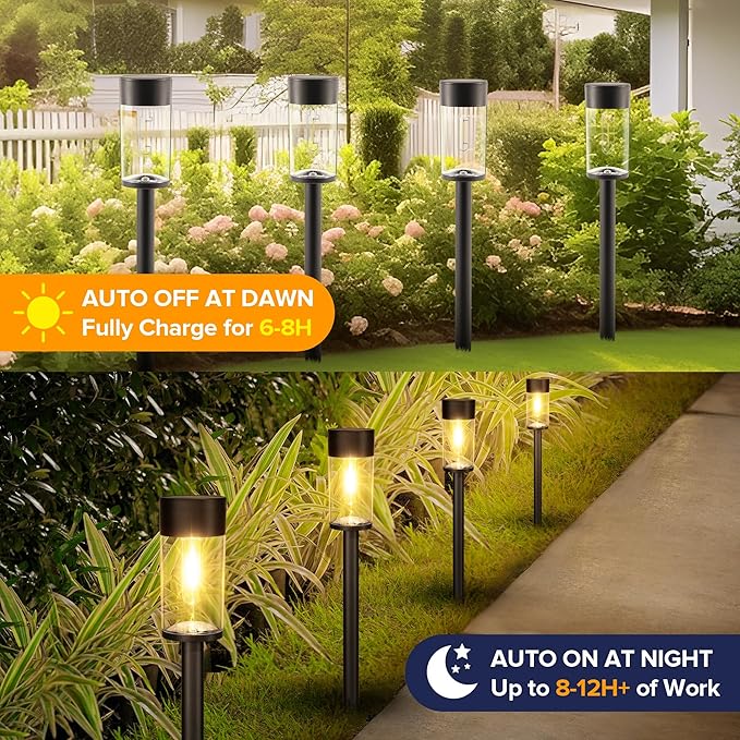 UME 8 Pack Solar Pathway Lights Outdoor, Bright Solar Garden Lights with Metal Design–IP65 Waterproof, Auto On/Off, 3000K LED Landscape Lighting for Yard, Lawn, Walkway, Driveway, Patio Decor