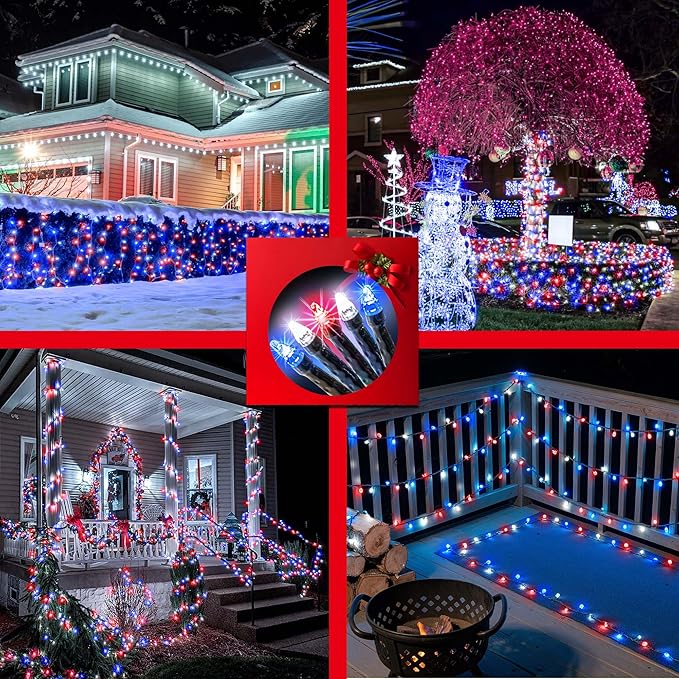 750 LED 240FT Christmas Lights Outdoor,12 Lighting Modes Christmas String Lights with Timer, Dimmable Plug in Red White and Blue LED StringLights Waterproof for Yard Tree Wedding Party Holiday