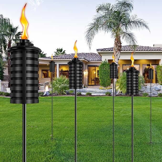 ZSZMFH Upgraded Citronella Torches for Outside Set of 6, 16 Oz Outdoor Garden Torches with 5-Prong Grounded Stake, 60 Inch Metal Torch for Garden Décor, Backyard, Patio, Pathway, Party