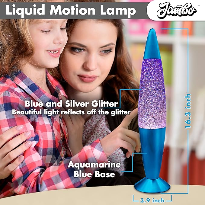 JAMBO 16" Beautiful Blue and Silver Glitter Lamp- Relaxing Mood Lighting, Night Light Nightlight, Home Decor Living Room Office Bedroom Lamp for Adults Teens Kids Glitter