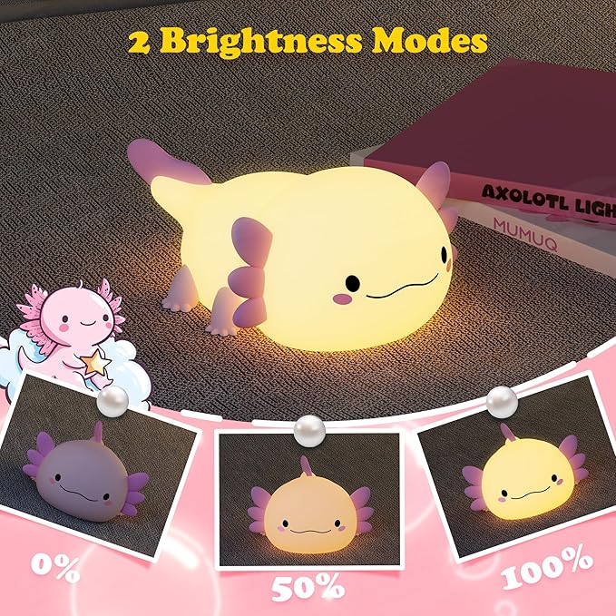 Axolotl Night Light, LED Cute Silicone Nursery Axolotl Lamp for Kids, Rechargeable Squishy Nightlight Touch Nightlight Bedside Lamp with 20 Minutes Timer for Breastfeeding, Funny Decor, Cute Gifts