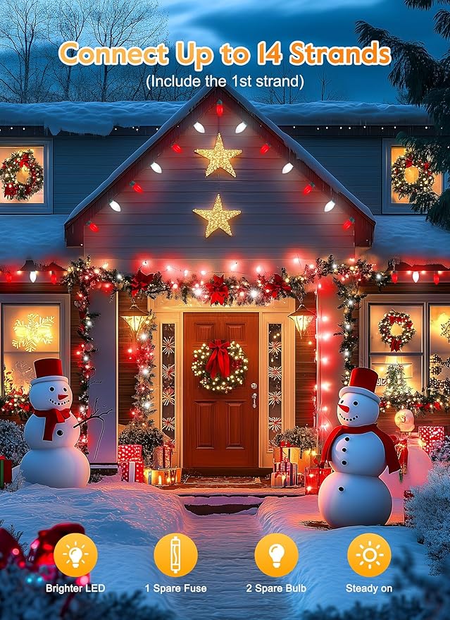 Vintage C9 LED Christmas Lights Outdoor, 100 Feet C9 String Light with 50 Shatterproof C9 Bulbs, Waterproof Connectable Christmas Tree Lights for Outside Roofline Patio Xmas Decor, Red & Pure White