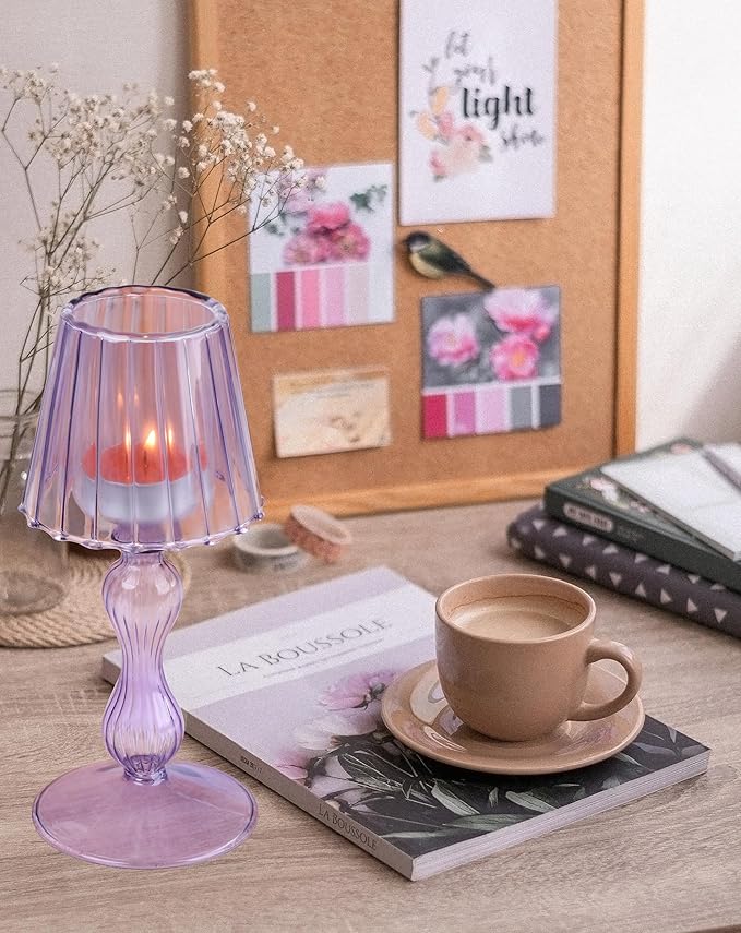 Desk Lamp Shaped Glass Candle Holder - Glass Hurricane Candleholder Crystal Decorative Candle Stand for Table Wedding Dinning Centerpieces Party Supplies Decor Purple