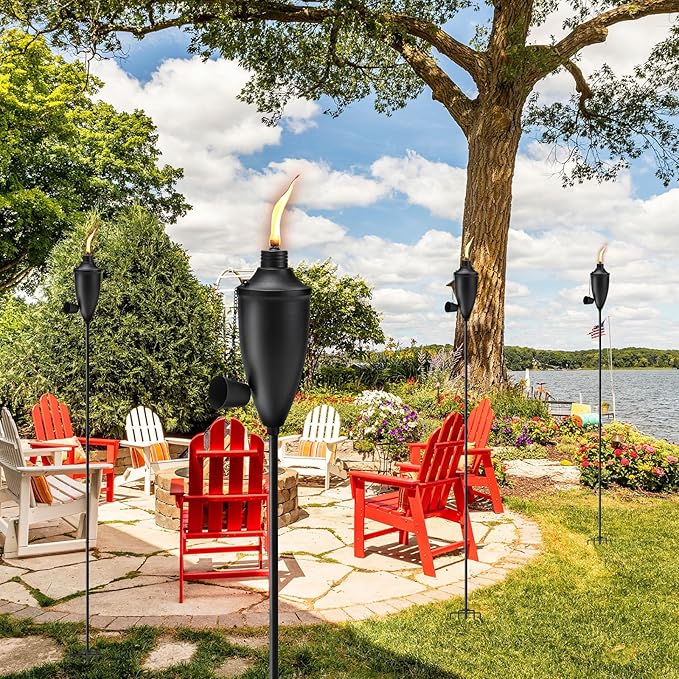 Home Garden Torch Set of 4, Large Capacity 22oz Outdoor Metal Torch Garden Décor, 61 in Upgraded Citronella Torches with 5-Prong Grounded Stake, Torches for Party Patio Pathway
