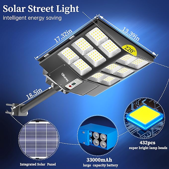 Ofuray Of-2000W Solar Street Lights Outdoor,200000LM Solar Security Flood Lights Parking Lot Lights Dusk to Dawn, 6500k Waterproof Led with Remote Control Motion for Street,Court,Barn 2Pcs