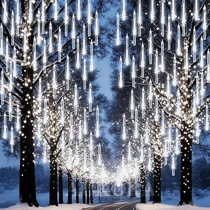 Aukora Christmas Lights Outdoor Meteor Shower Falling Rain Lights 12 inch 8 Tubes 192LED Snowfall Cascading Icicle String Light for Xmas Tree Decor Wedding Party Holiday Window Garden, UL Plug, White