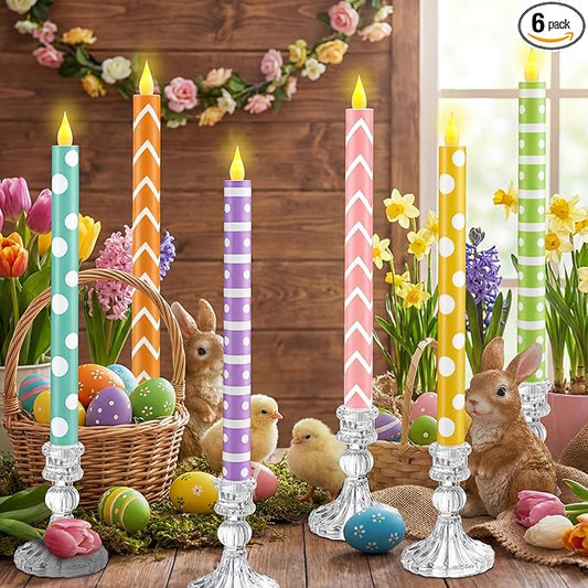 Honoson 6 Pcs Easter Flameless Taper Candles 10.6 Inch Colorful Candles Battery Operated LED Candlesticks for Easter Dinner Table Home Party Decor