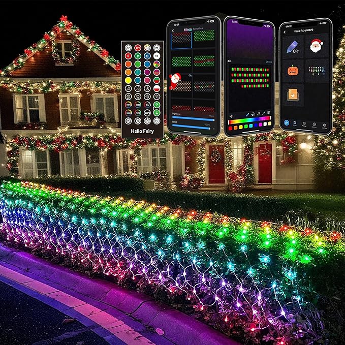 4ft*18ft Outdoor Christmas Net Lights, Smart Mesh Lights for Bushes, Group Control, Waterproof, Color Changing, App/Remote Control, Timer, Dimmer, Holiday Trees, Garden, Xmas Decor