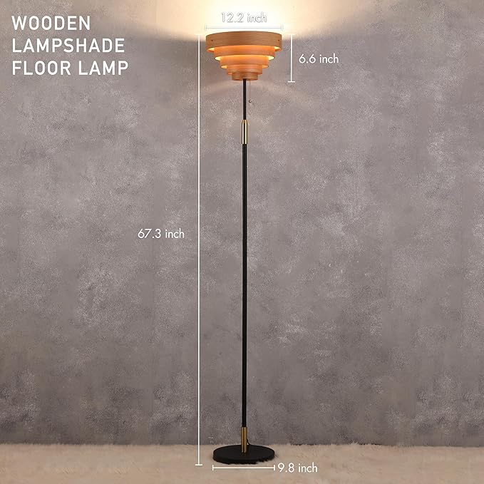 O'Bright Cascade Floor Lamp – Modern Wooden Layered Lampshade, E26 Socket, Pull Chain Switch, Metal Base, Standing Lamp for Living Room, Bedroom, Office, Black