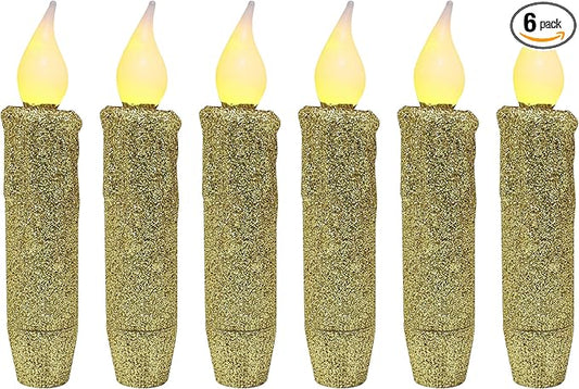 CVHOMEDECO. Glitter Flameless Candles Flickering Battery Operated LED Taper Candles with Timer for Home, Wedding, Halloween, Christmas Decor. Gold, 4-3/4 Inch, Set of 6