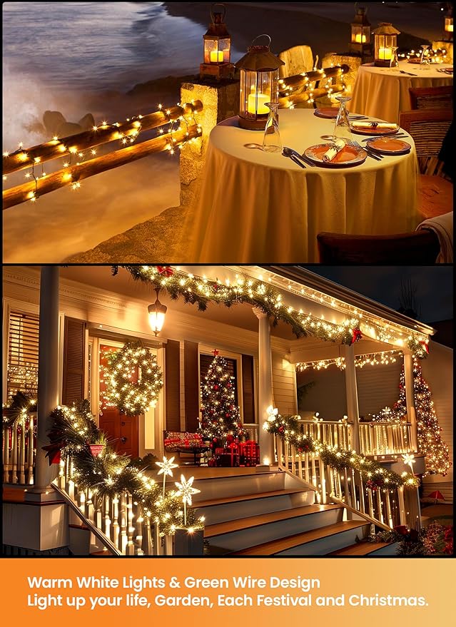 LED Christmas Mini Lights, 2 Pack 39 Feet 100 LED Clear Bulbs String Light with 8 Light Modes, Connectable Fairy Lights Plug in for Outdoor Xmas Trees Garland Wreath Holiday Decorations, Warm White