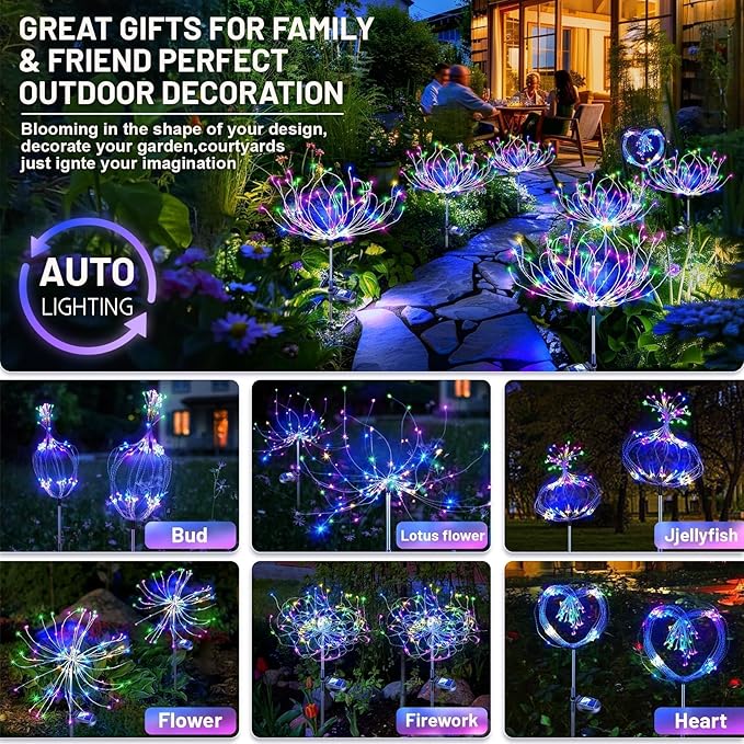 Anordsem Solar Garden Lights Outdoor: 4 Pack Bendable Copper Wire with 120 LED Firework Beads - Waterproof Colorful Lighting DIY Decoration Patio Pathway - Gardening Gifts for Homeowner
