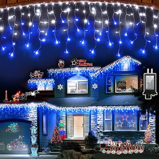 810 LED Christmas Lights Outdoor Indoor, 82ft Blue & White String Lights with 180 Drops, 12 Modes Dimmable Curtain Lights with Timer, Waterproof Twinkle Fairy Lights for Bedroom Window Xmas Decor