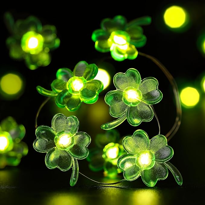 St Patricks Day Decorations Green Shamrocks String Lights 10 ft 30 LEDs Battery Operated, Lucky Clover Fairy Lights, Green Lights for Porch Fireplace Golf cart, St. Patrick's Day Decoration